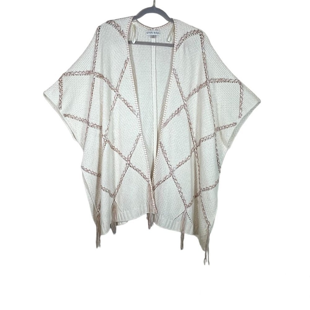 Knox Rose Crochet Open Poncho Cardigan Oversized Cream Size XS Fringe Detail